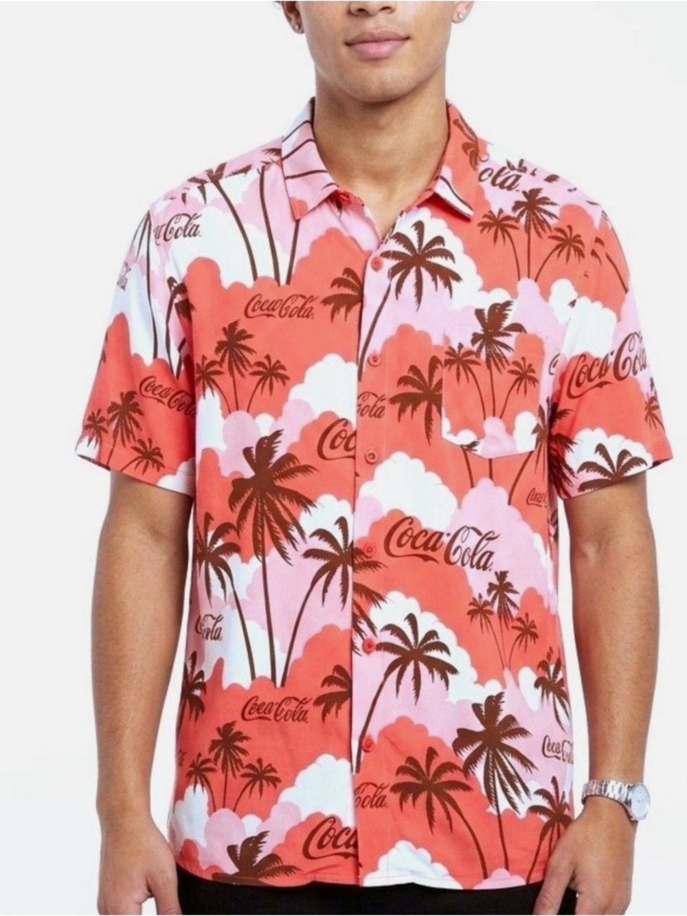 Coca Cola Coral and Pink Palm Hawaiian Retro Button-Down Shirt